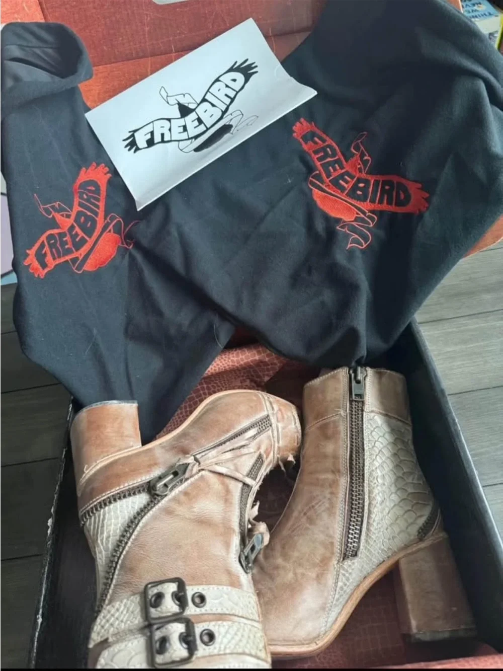 freebird Taupe Open-Toe Ankle Heeled Boots with Buckles